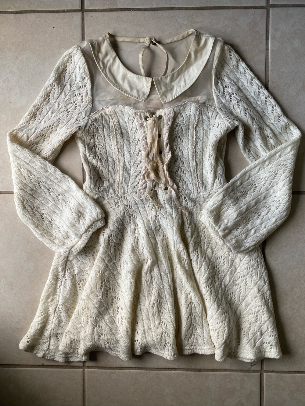 LIZ LISA Lolita Cream Lace-Up Knit Sweater Dress with Peter Pan Collar Japan